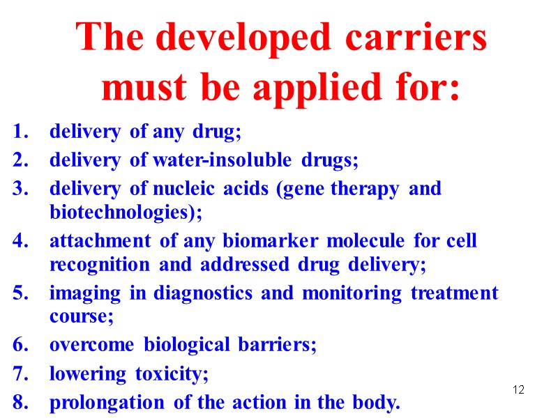 12 The developed carriers  must be applied for: delivery of any drug; delivery
